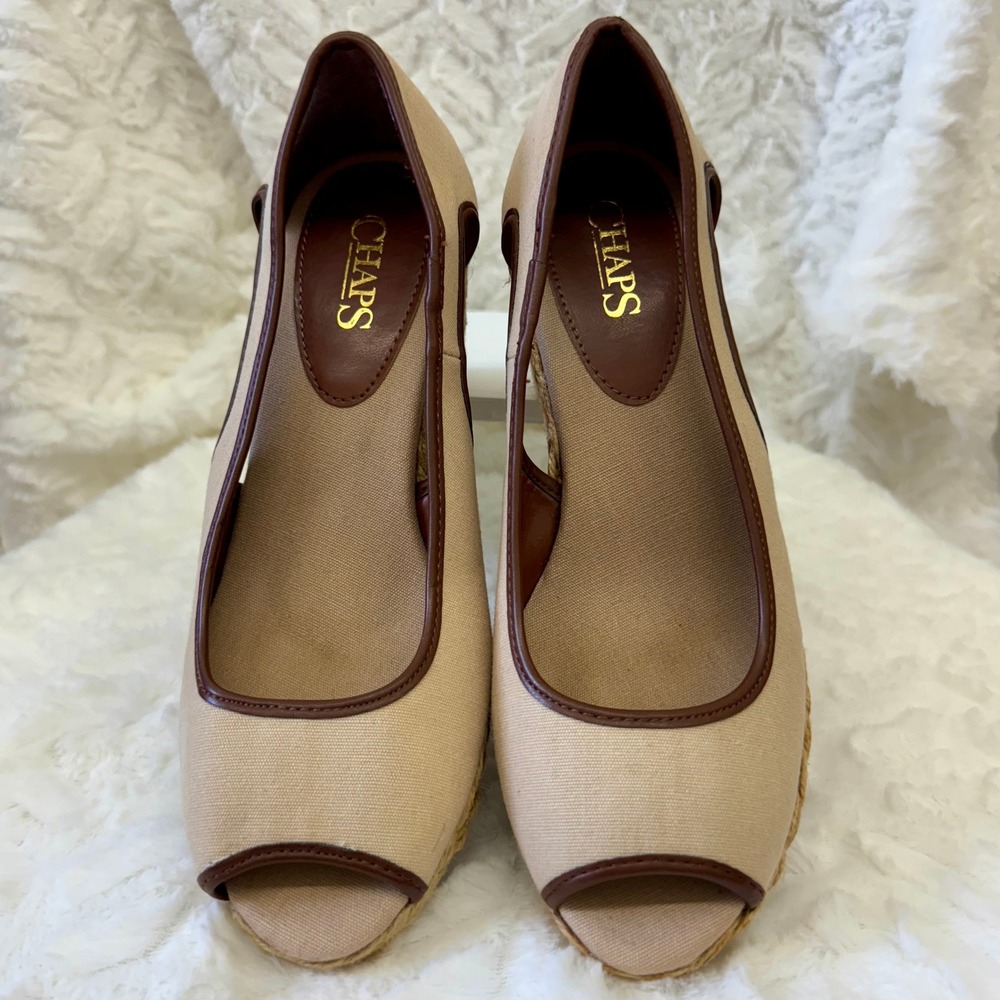 Chaps Open Toe Espadrille Wedge Heel Shoes Tan Canvas Brown Trim Casual